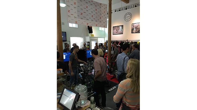 Cycling and non-endemic media packed into the Rapha Cycle Club store for the Zwift launch.