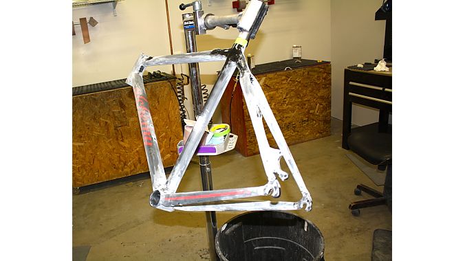 Matt Simpson's new personal frame, which will be on display at NAHBS, being readied for its final finishing steps on Wednesday.