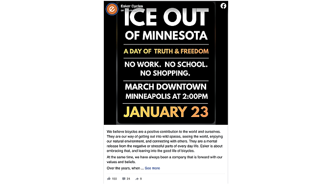 Screenshot of Esker Bikes Facebook post.