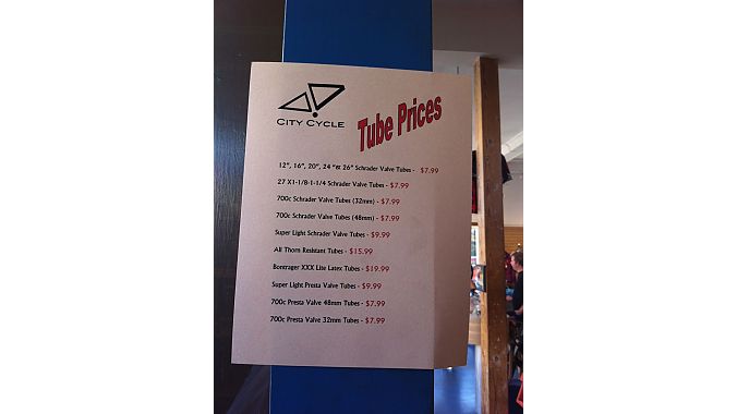 Tube prices at San Francisco's City Cycles on Thursday.