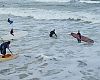 Surfers head out into blustery waters Saturday. Photo: Pat Hus