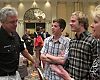 Bikes Belong's Tim Blumenthal chats with Lynn Guissinger and her two sons, Cooper and Griffin (at Interbike for the first time), after the industry breakfast. Her husband, Leslie Bohm, was remembered at the breakfast for his advocacy leadership with a standing ovation. Photo: Lynette Carpiet