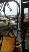 Aaron Goss integrated bikes into securing the windows of his shop in Seattle. Aaron Goss integrated bikes into securing the windows of his shop in Seattle.